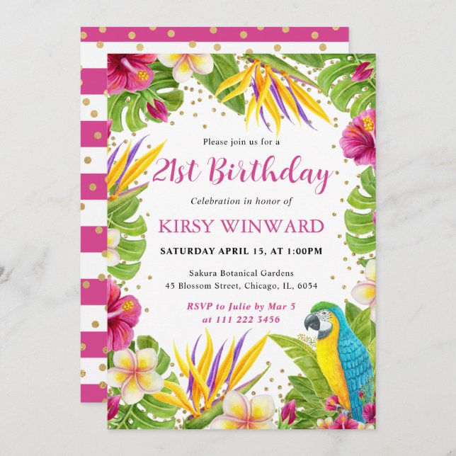 Watercolor Tropical Floral Frame Parrot Birthday Invitation (Front/Back)