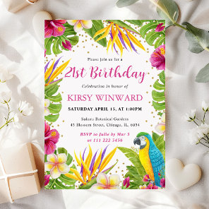 Watercolor Tropical Floral Frame Parrot Birthday Invitation