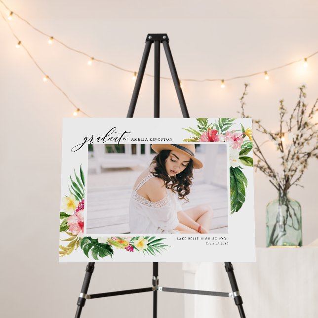 Watercolor Tropical Floral Frame Photo Graduation Foam Board (In Situ (Stand))