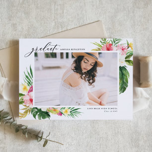 Watercolor Tropical Floral Frame Photo Graduation Invitation