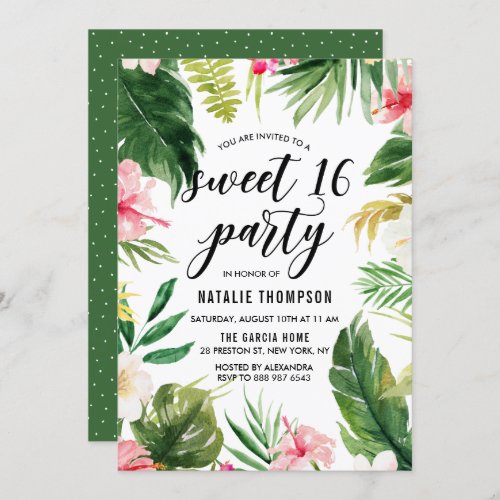 Watercolor Tropical Floral Frame Sweet 16 Party Invitation