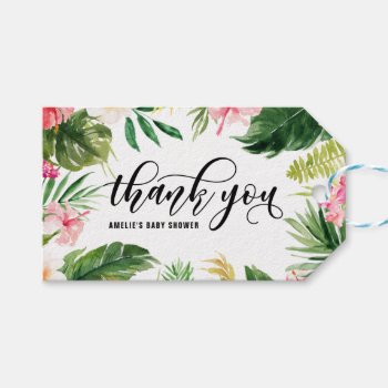 Watercolor Tropical Floral Frame Thank You Gift Tags by KeikoPrints at Zazzle