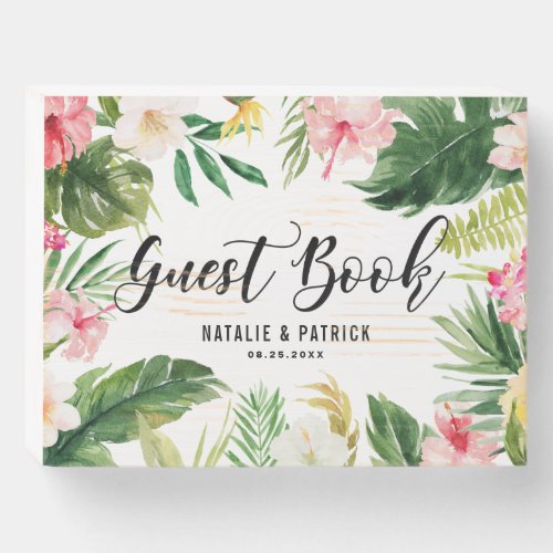 Watercolor Tropical Floral Frame Wedding Guestbook Wooden Box Sign