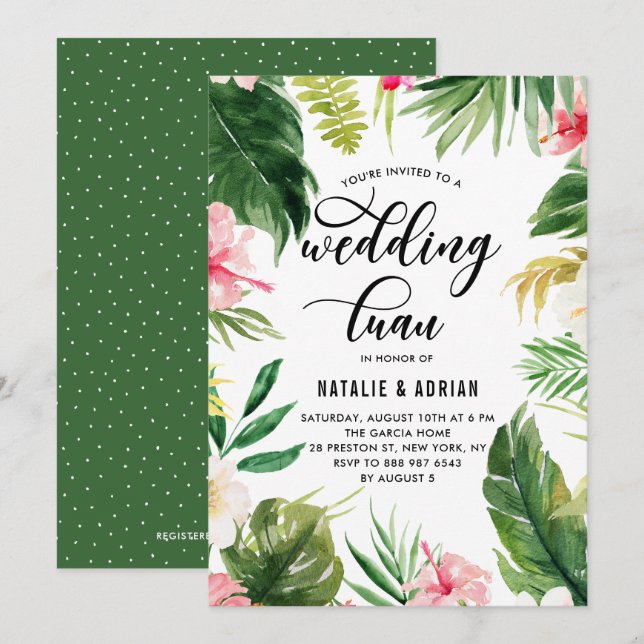 Watercolor Tropical Floral Frame Wedding Luau Invitation (Front/Back)