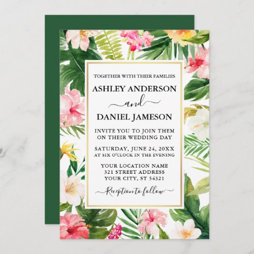 Watercolor Tropical Floral Gold Frame Wedding Invitation