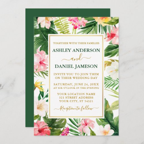 Watercolor Tropical Floral Green Gold Wedding Invitation