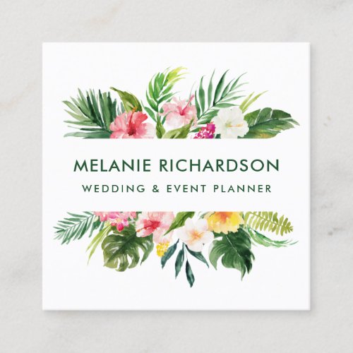 Watercolor Tropical Floral Green Square Business Card