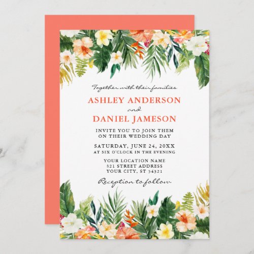 Watercolor Tropical Floral Greenery Wedding Coral Invitation