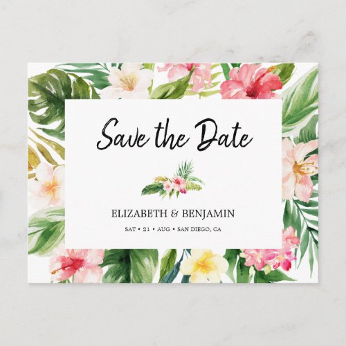 Watercolor Tropical Floral  Leaves Save the Date Postcard