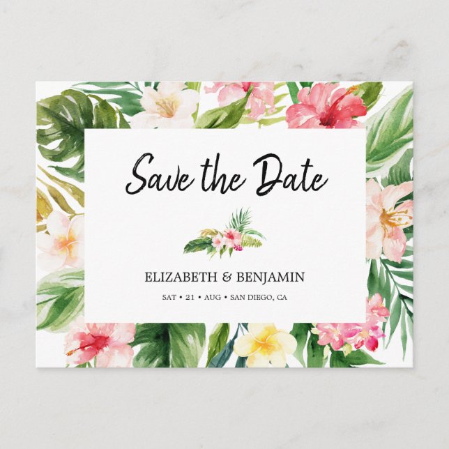 Watercolor Tropical Floral & Leaves Save the Date Postcard (Front)