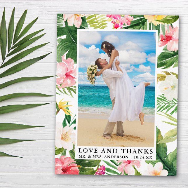 Watercolor Tropical Floral Love and Thanks Postcard (Customize to change text size, color or text style.)