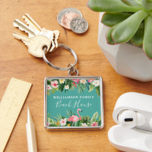 Watercolor Tropical Floral Name Beach House Keychain