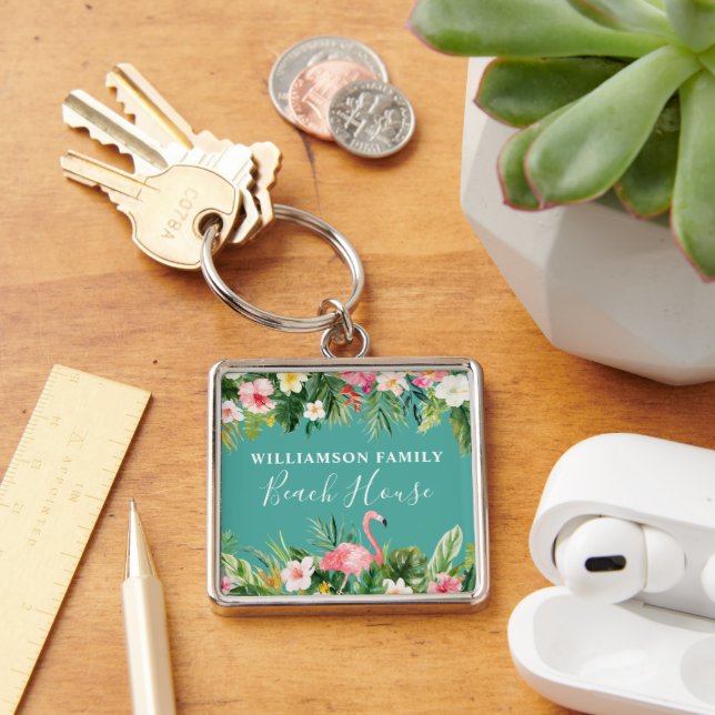 Watercolor Tropical Floral Name Beach House Keychain (Desk)