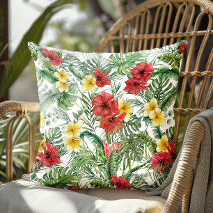 Watercolor Tropical Floral Palm Leaves Outdoor Pillow