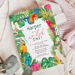 Watercolor tropical floral parrots 1st birthday invitation<br><div class="desc">Our little birdie is a wild one! ! A cute and vibrant watercolor tropical floral parrots 1st birthday party invitation featuring bright red, blue, green, yellow exotic birds and parrots and deep green monstera, fern palm tropical leaves with pink and yellow tropical flowers, yellow pineapple and plants. The perfect wild...</div>