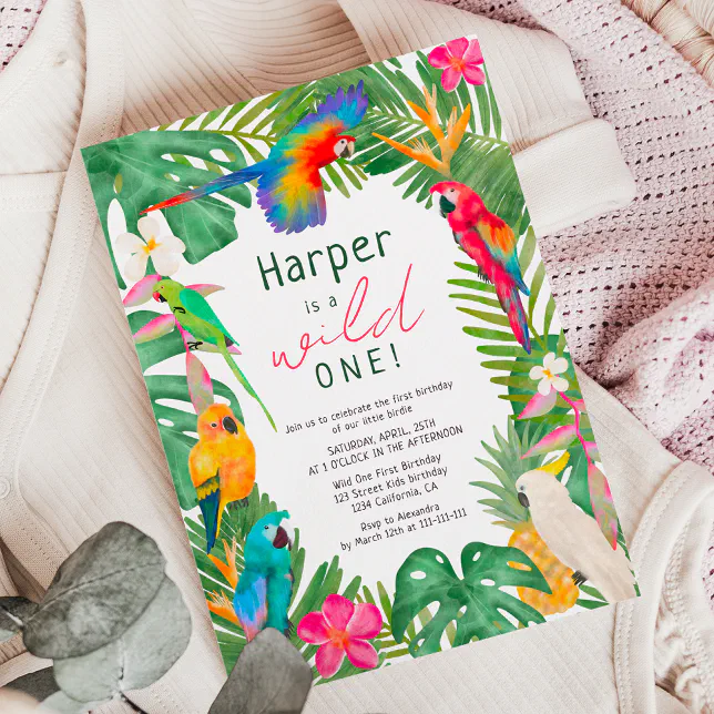 Watercolor tropical floral parrots 1st birthday invitation
