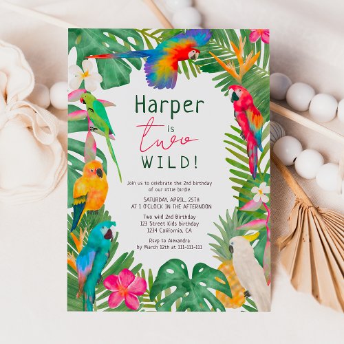 Watercolor tropical floral parrots 2nd birthday invitation