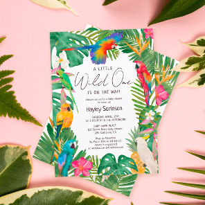 Watercolor tropical floral parrots baby shower invitation
