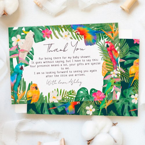 Watercolor tropical floral parrots baby shower thank you card