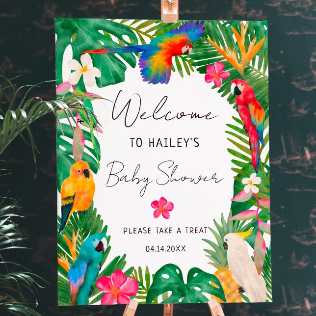 Watercolor tropical floral parrots welcome shower foam board (Creator Uploaded)