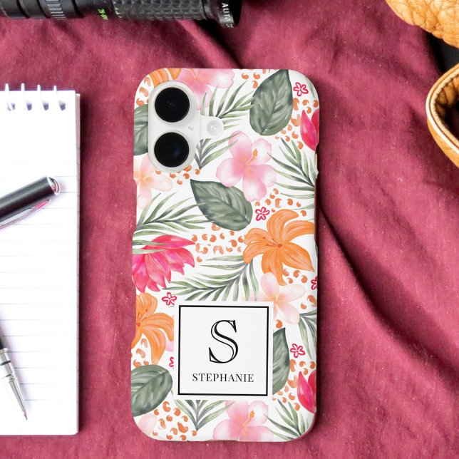 Watercolor Tropical Floral Pattern with Monogram iPhone Case (Creator Uploaded)