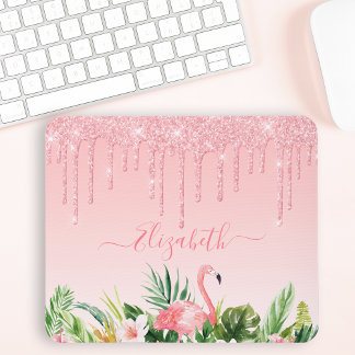 Watercolor Tropical Floral Pink Blush Glitter Mouse Pad