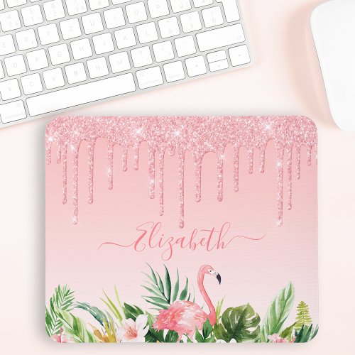 Watercolor Tropical Floral Pink Blush Glitter Mouse Pad