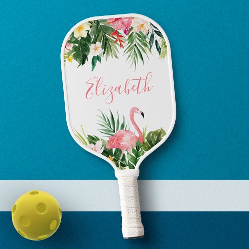 Watercolor Tropical Floral Pink Flamingo Add Name Pickleball Paddle