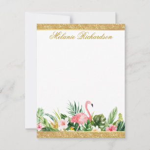 Watercolor Tropical Floral Pink Flamingo Glitter Note Card