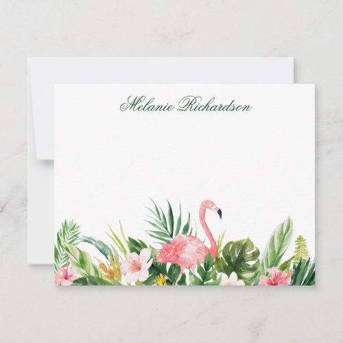 Watercolor Tropical Floral Pink Flamingo Green Note Card