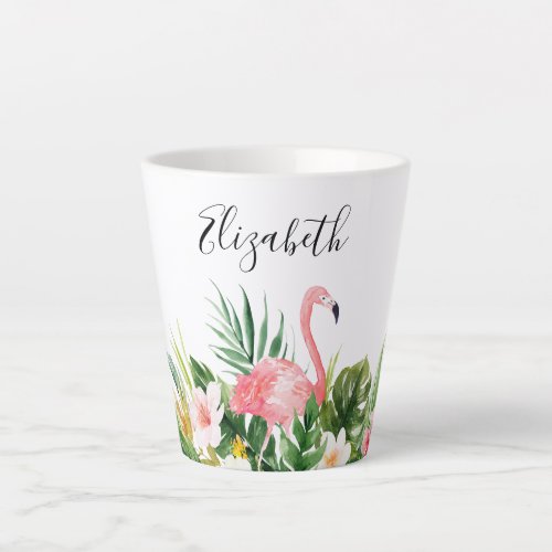 Watercolor Tropical Floral Pink Flamingo Name Latte Mug