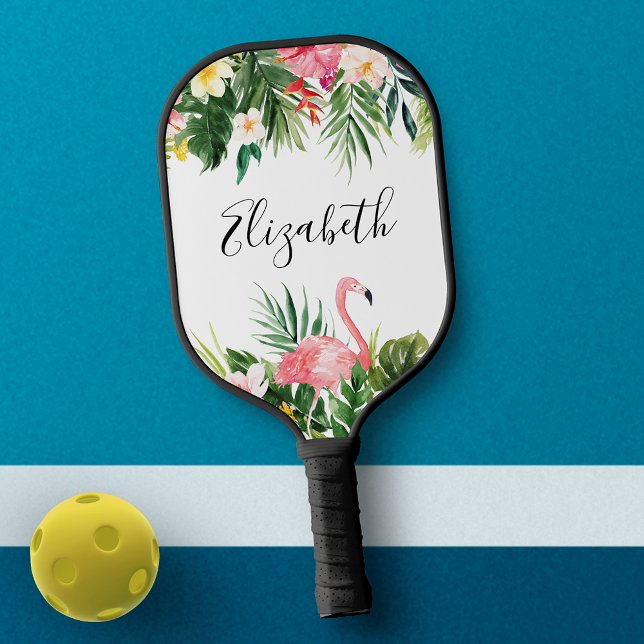 Watercolor Tropical Floral Pink Flamingo Name Pickleball Paddle (Choose your handle color.)