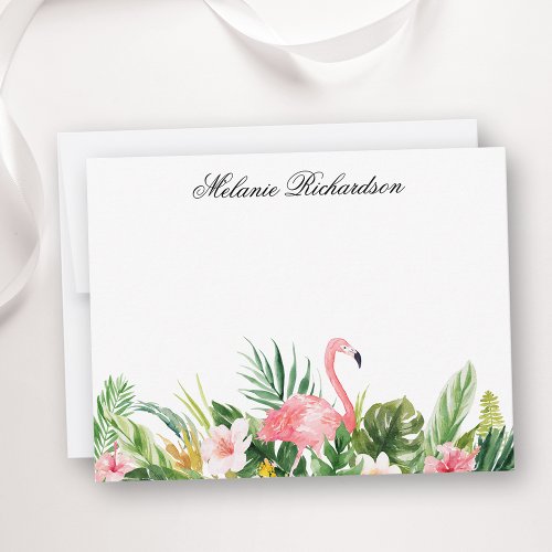 Watercolor Tropical Floral Pink Flamingo Note Card