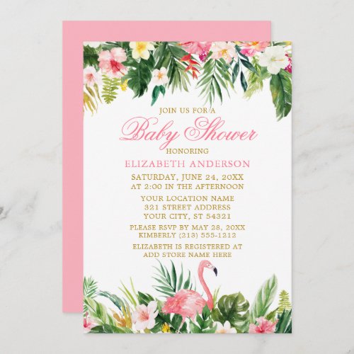 Watercolor Tropical Floral Pink Flamingo Shower Invitation