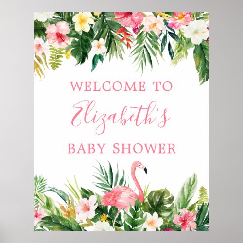 Watercolor Tropical Floral Pink Flamingo Shower Poster