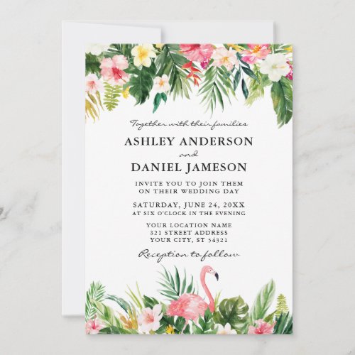 Watercolor Tropical Floral Pink Flamingo Wedding Invitation