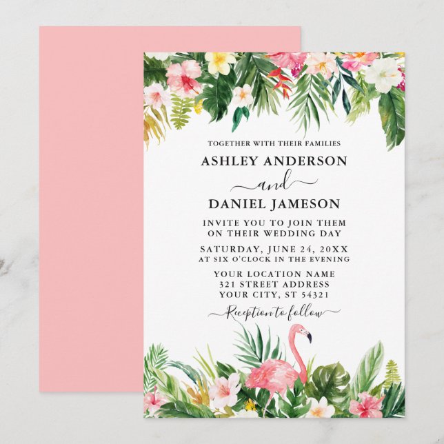 Watercolor Tropical Floral Pink Flamingo Wedding Invitation (Front/Back)