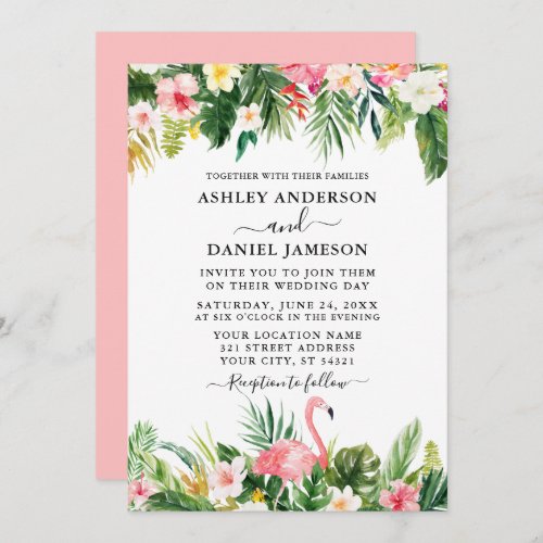 Watercolor Tropical Floral Pink Flamingo Wedding Invitation