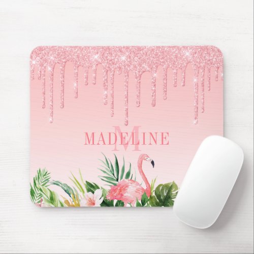 Watercolor Tropical Floral Pink Glitter Monogram Mouse Pad