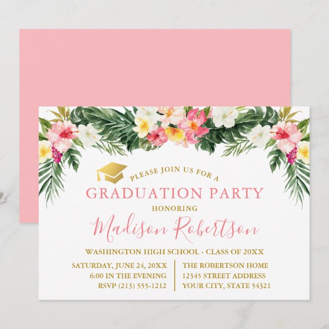 Watercolor Tropical Floral Pink Gold Grad Party Invitation (Front/Back)
