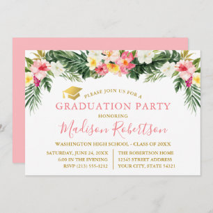 Watercolor Tropical Floral Pink Gold Grad Party Invitation