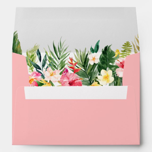 Watercolor Tropical Floral Pink Wedding Envelope (Back (Bottom))