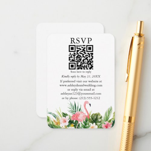 Watercolor Tropical Floral QR RSVP Pink Flamingo Enclosure Card