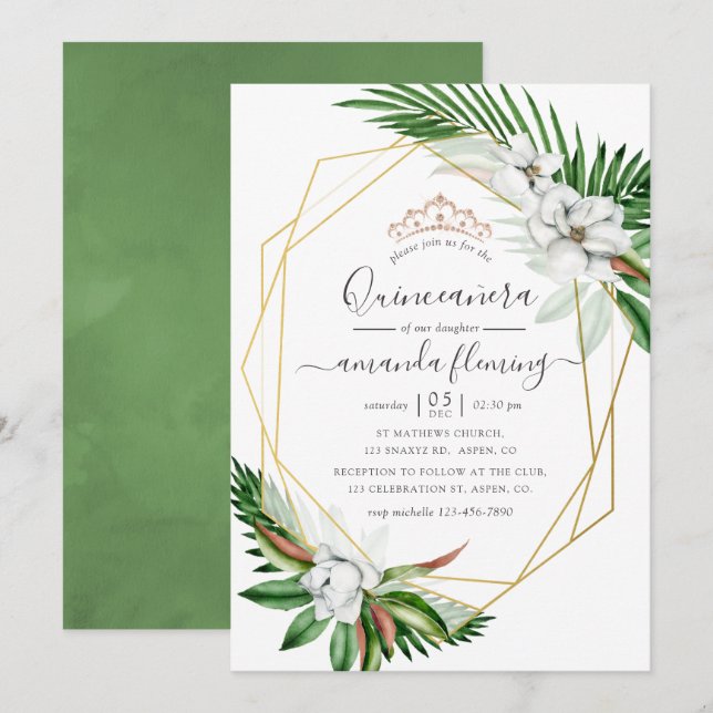 Watercolor Tropical Floral Quinceañera Invitation (Front/Back)