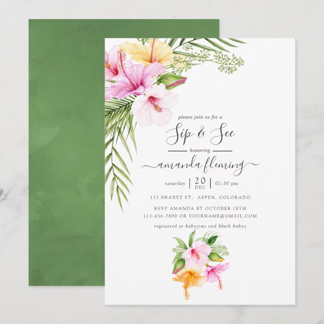 Watercolor Tropical Floral Sip and See Invitation (Front/Back)