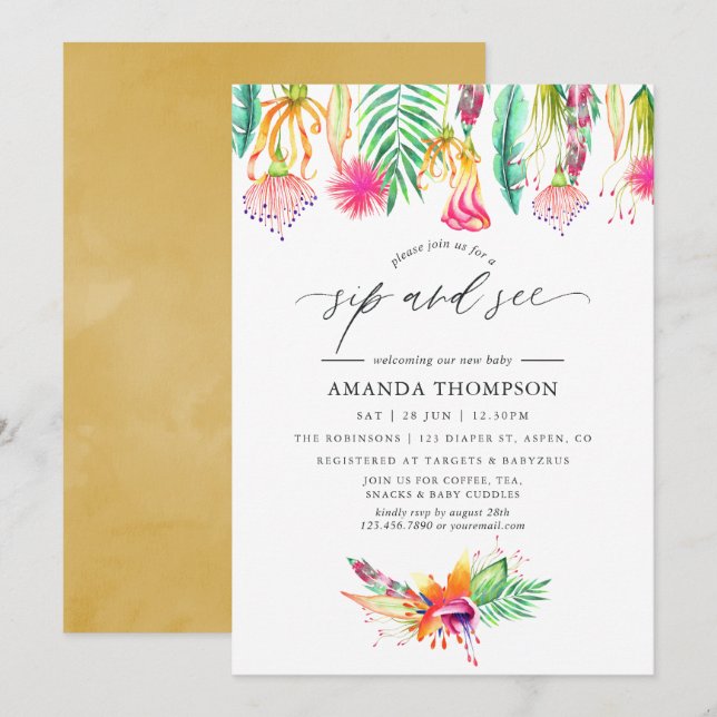 Watercolor Tropical Floral Sip and See Invitation (Front/Back)