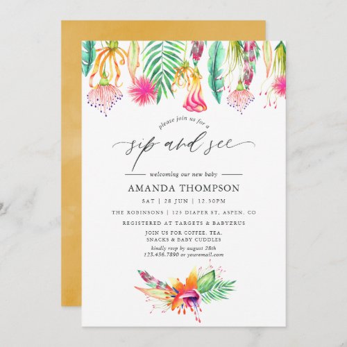 Watercolor Tropical Floral Sip and See Invitation