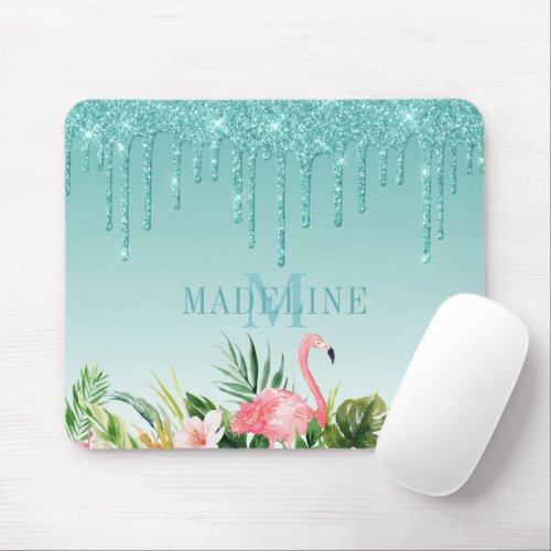 Watercolor Tropical Floral Teal Glitter Monogram Mouse Pad
