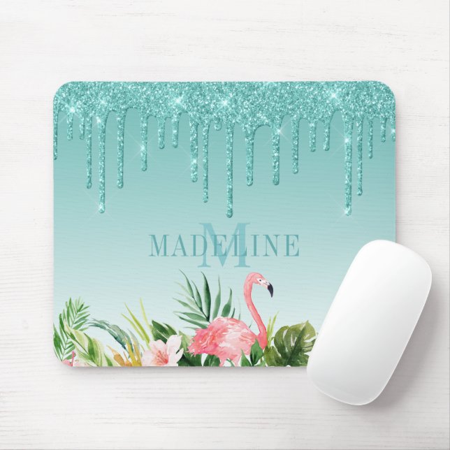 Watercolor Tropical Floral Teal Glitter Monogram Mouse Pad (With Mouse)