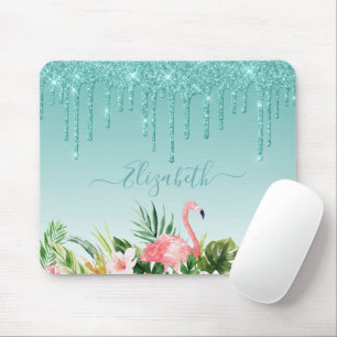 Watercolor Tropical Floral Teal Glitter Mouse Pad